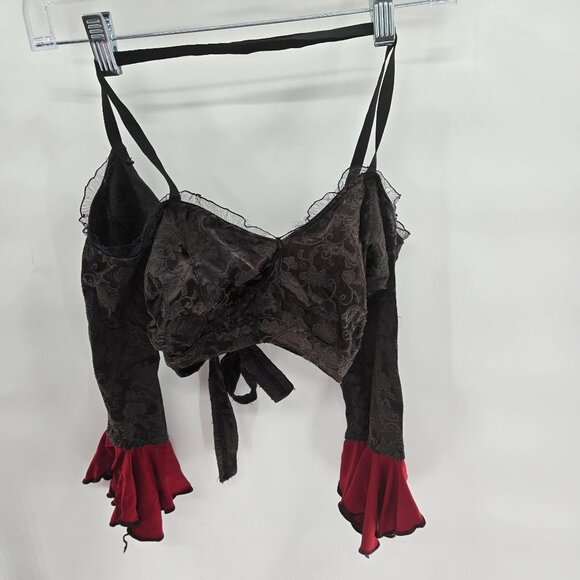 Black Red Velvet Burnout Lace Gothic Dance Crop Back Tie Top Medium - Picture 1 of 8